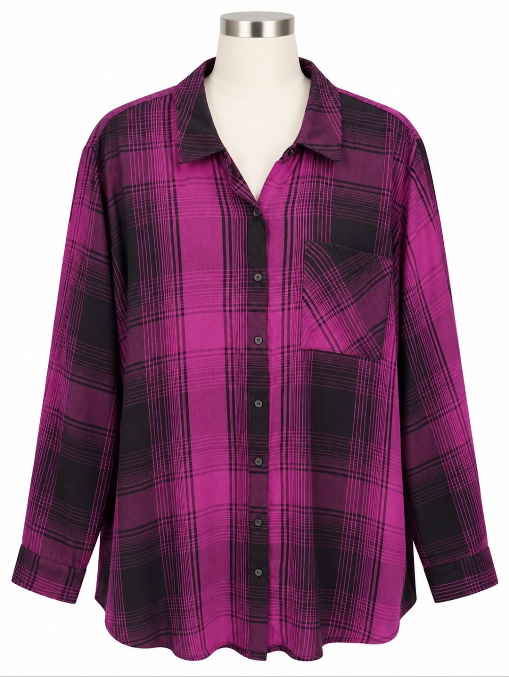 NWT EVRI Women Plus 3X Plaid Button Down Shirt Magenta Purple Pink Black L/S Top